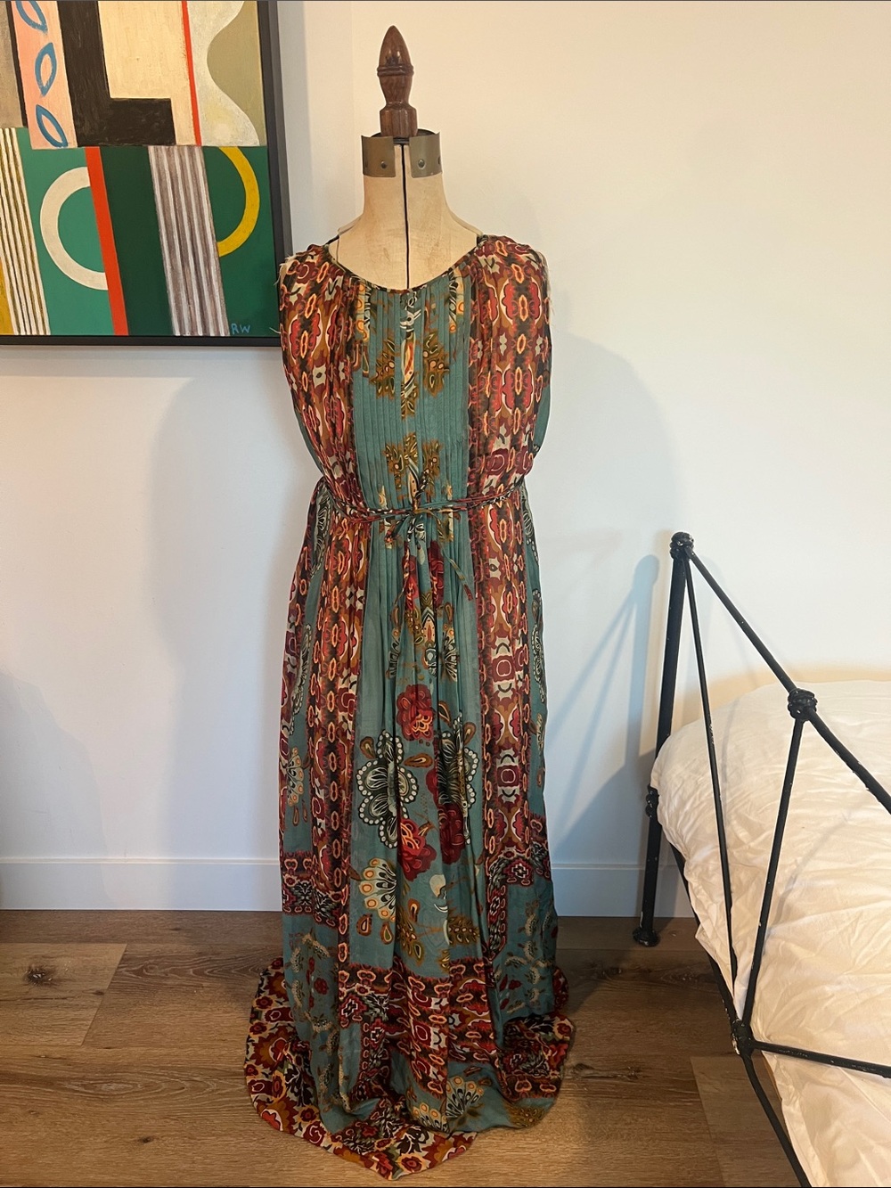 HEMANT & NANDITA Teal and Rust Floral Maxi Dress tunic silk sz XL